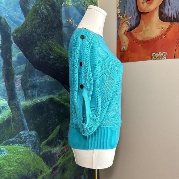 turquoise open knit batwing sweater jon & anna sheer button sleeve pullover - Picture 3 of 7